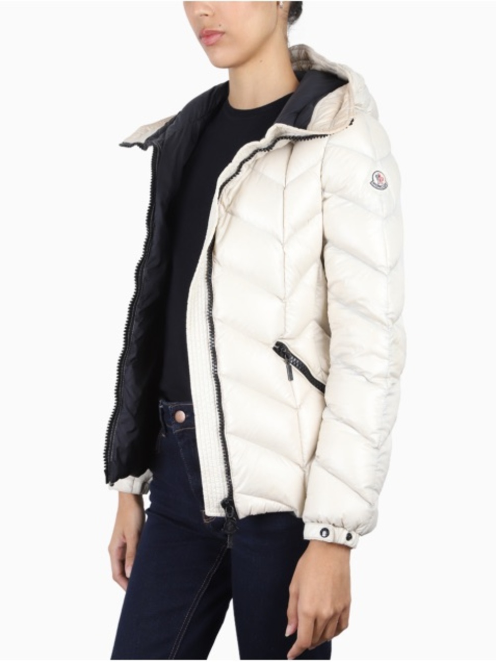 Moncler Cream Quilted Hooded Puffer Jacket Black Trim CASACO BADETE OFF WHITE